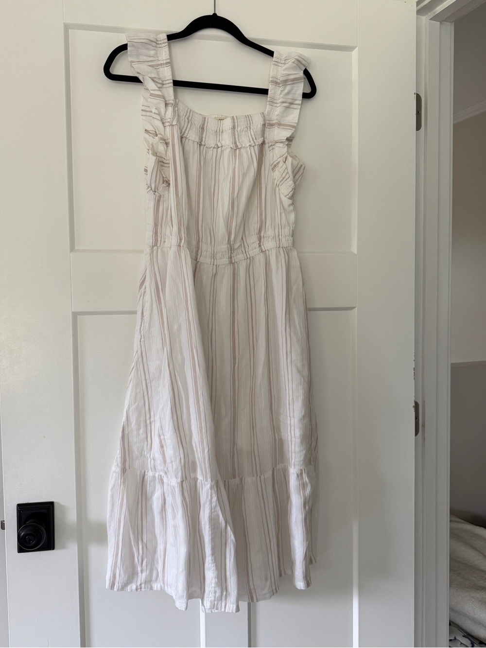Cream Striped Ruffle-Shoulder Casual Sundress